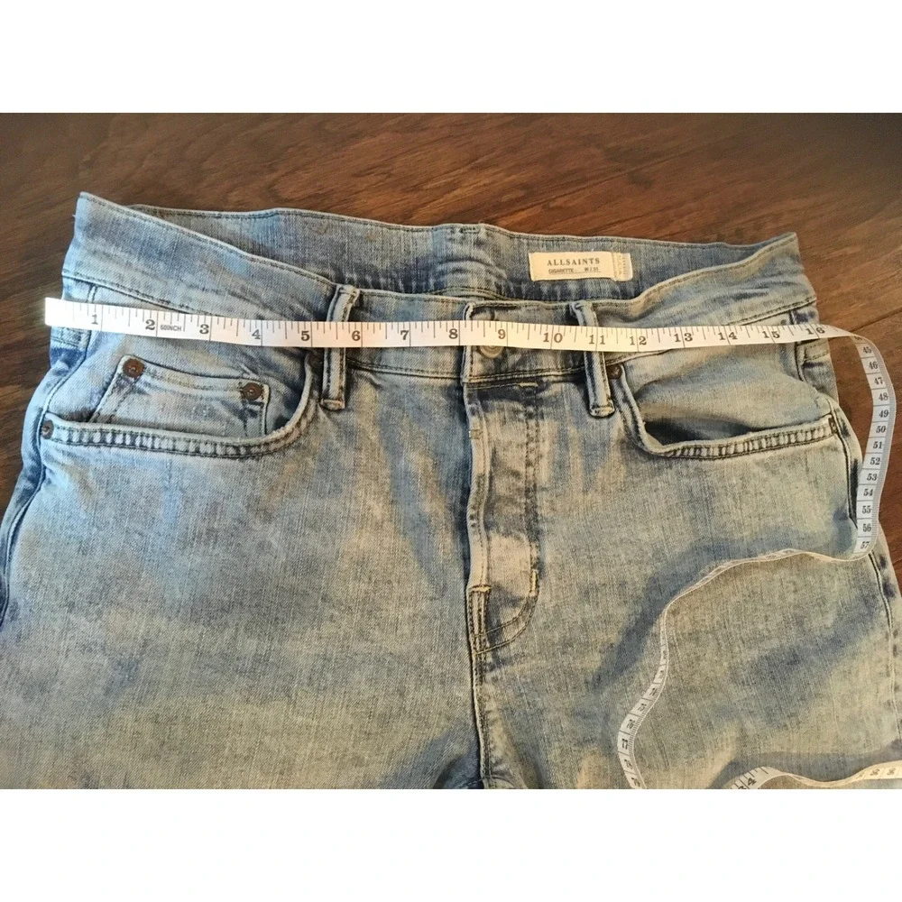 AllSaints Cigarette Slim Fit Jeans Light Wash Blue Denim Button Fly Mens 31x31